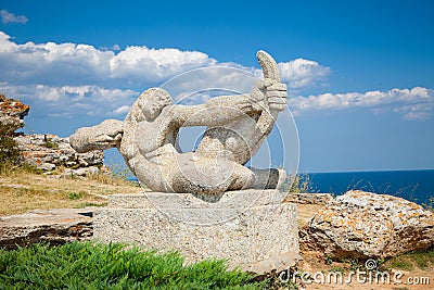 Stone statue in the medieval fortress Kaliakra, Bulgaria. Stock Photo
