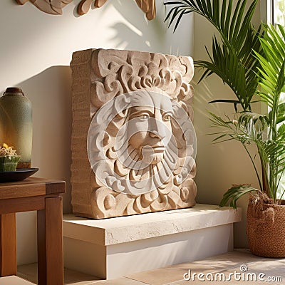 Exquisite Stone Sculpture: Sun Face On Front Door With Photorealistic Renderings Stock Photo