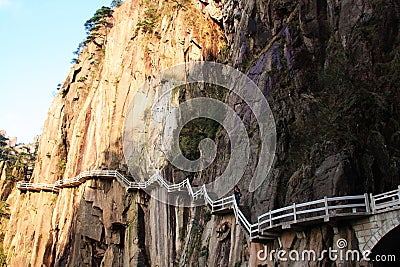 Stone Steep Steps . Trekking walking hiking Huangshan Mountain. Editorial Stock Photo