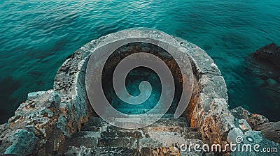 A stone steps leading down into a hole in the ocean, AI Stock Photo
