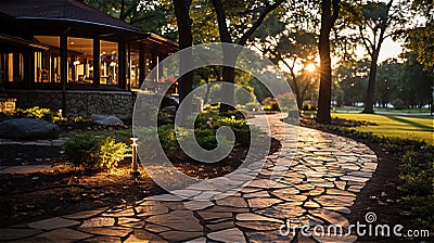 stone tile pathway lit by garden ground lights with bushes. Stock Photo