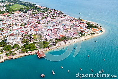 Stone Town, old colonial center of Zanzibar City. House of Wonders. The Old Fort. Unguja, Tanzania. Aerial view. Stock Photo