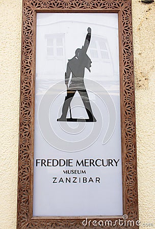 Freddie Mercury museum in Stone Town. Signboard of museum of famous rock legend. Tourism in Zanzibar. Editorial Stock Photo