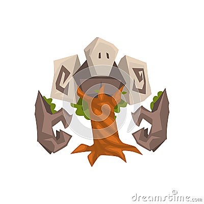 Stone Tree Golem, Fantasy Mystic Monster Creature Cartoon Character Vector Illustration Vector Illustration