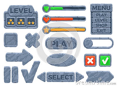 Stone ui frames and buttons. Medieval rpg elements, rock texture boards, progress bar and plaques, game design template Vector Illustration
