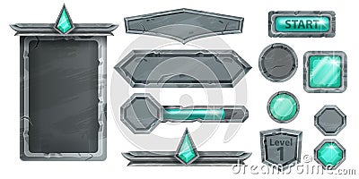 Stone UI game vector kit, medieval rock signboard, menu frame, gemstone emerald button, level up shield. Vector Illustration