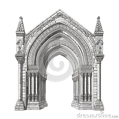 Stone vintage arch door Elements of the architecture of buildings in the Gothic style on isolated transparent background png. Stock Photo