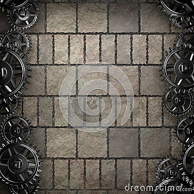 Stone wall background with metal gears Stock Photo