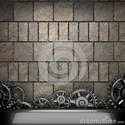 Stone wall background with metal gears Stock Photo