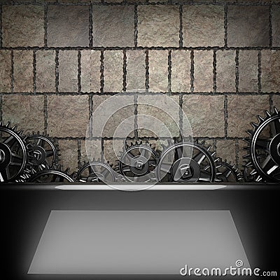 Stone wall background with metal gears Stock Photo