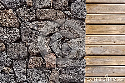 Stone wall background. stone and wood wall, wood texture as background. Wood background wall . Stock Photo