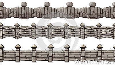 Stone wall with columns. Medieval walls seamless pattern. Cartoon kingdom safety fence, gaming vector decorative ancient Vector Illustration