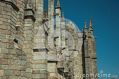 Stone wall with pinnacles at the gothic Cathedral of Guarda Stock Photo