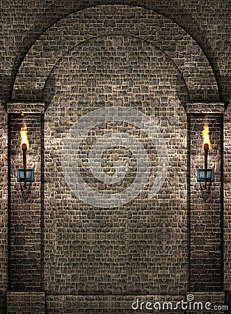 Stone wall with torches Stock Photo