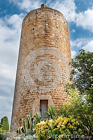 Stone water tower, Peratallada, Spain Stock Photo