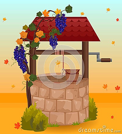 Stone water well autumn season Vector illustrations Vector Illustration