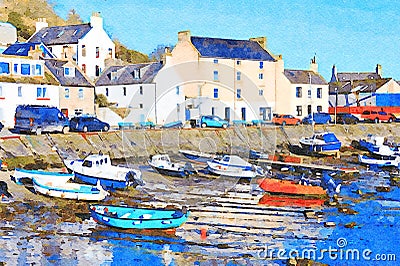 Stonehaven harbour and town at sunrise during the summer, a digital filter applied to photo, original photo and Stock Photo