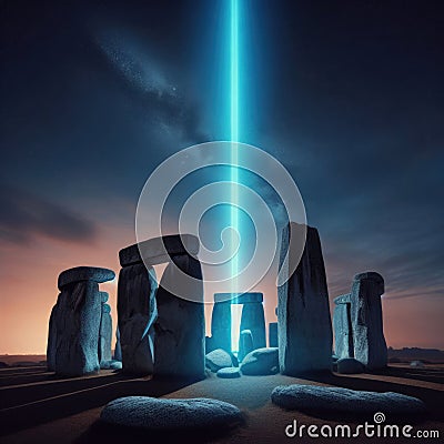 Stonehenge like monument with blue beam emitted from core Stock Photo