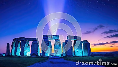 Stonehenge like monument with blue beam emitted from core Stock Photo