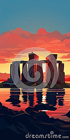 Stonehenge At Sunset: Abstract Vector Illustration Inspired By Olly Moss Cartoon Illustration