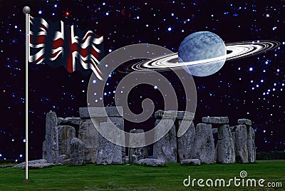 Stonehenge with the Union Jack with A planet with ring Stock Photo