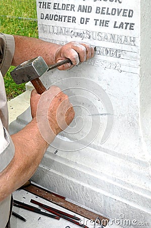 Stonemason Engraving Marble Gravestone Stock Photo
