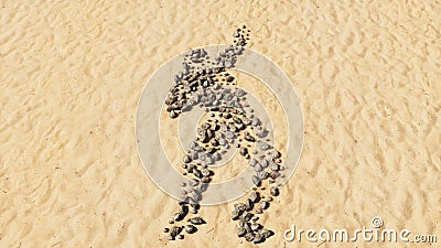 Stones on beach sand handmade symbol shape, golden sandy background, weight throwing athlete sign. Cartoon Illustration