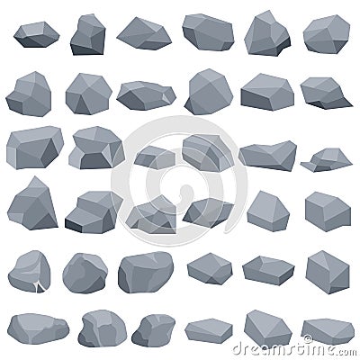 Stones, a large set of gray stones isolated on a white background. Vector, cartoon illustration of a stone Cartoon Illustration