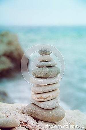 Stones on the sea beach, cairn Stock Photo