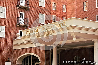 Stonewall Jackson Hotel & Conference Center name on exterior portico Editorial Stock Photo
