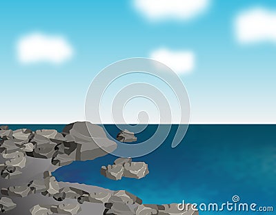 The stony sea shore. Gray stones. Ripples on the sea and clouds. Reflections in the water. Landscape. illustration Vector Illustration