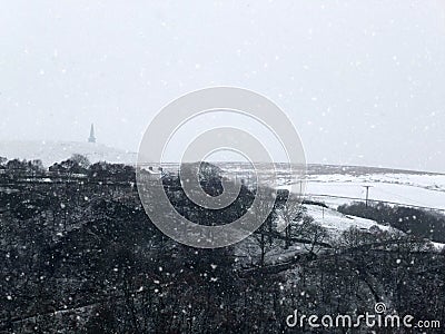 Stoodley pike and surrounding moors in heavy snow in yorkshire Stock Photo
