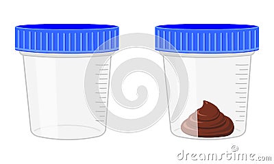 Stool sample, empty and full plastic cups. Poop analysis. Laboratory examination concept. Vector cartoon illustration Vector Illustration