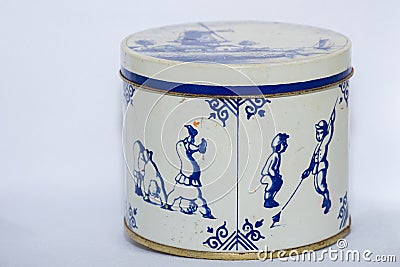 A stoopwafle delft blue tin for `syrup waffles` a Netherlands tea or coffee time snack on an isolated white background Stock Photo