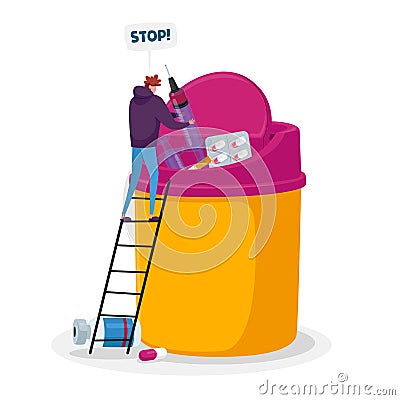 Stop Addiction Concept, Male Character Fight with Bad Habits, Tiny Man Throw Out Huge Syringe with Drug to Litter Bin Vector Illustration