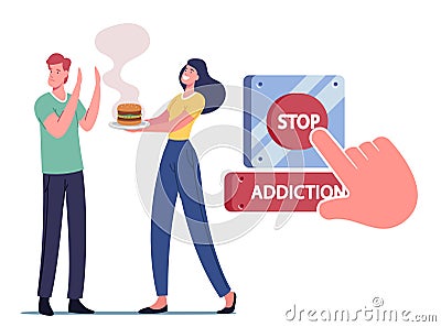 Stop Addiction, Start Healthy Lifestyle Concept. Character Give Up Unhealthy Eating. Man Refuse to Eat Fastfood Vector Illustration