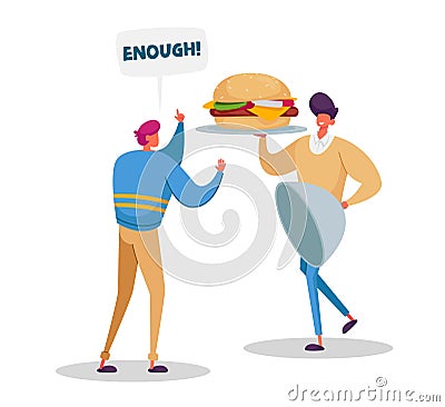Stop Addiction, Start Healthy Lifestyle Concept. Male Character Give Up Unhealthy Eating. Man Refuse to Eat Fastfood Vector Illustration