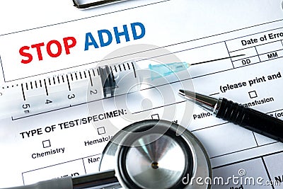 STOP ADHD CONCEPT Medicine doctor hand working Professional doctor use computer and medical Stock Photo