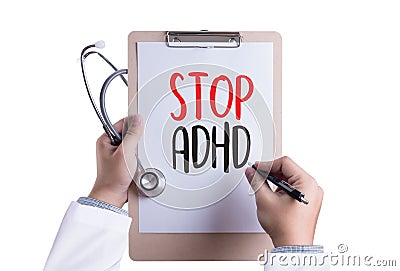 STOP ADHD CONCEPT Medicine doctor hand working Professional doctor use computer and medical Stock Photo