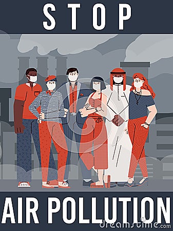 Air pollution banner with people in polluted city, flat vector illustration. Vector Illustration