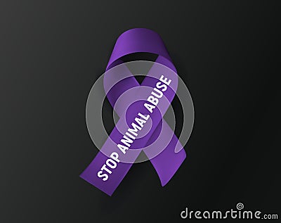 Stop Animal Abuse purple ribbon animal cruelty awareness symbol vector illystration on black background. Vector Illustration