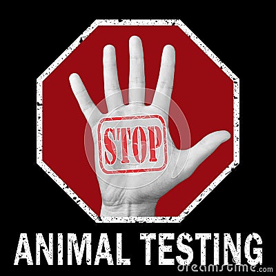 Stop animal testing conceptual illustration. Open hand with the text stop animal testing Cartoon Illustration