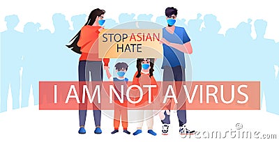 stop asian hate family in masks holding banner against racism support people during coronavirus pandemic Vector Illustration