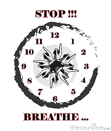 STOP AND BREATHE ROUND CLOCK POINTING FINGERS ILLUSTRATION DESIGN Stock Photo