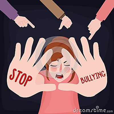 Stop bullying child abuse girl sad victim scared woman with hand sign Vector Illustration