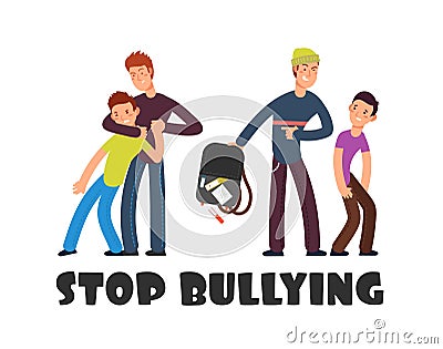 Stop bullying concept. Sad helpless kid. Negative persons and victim. Social problems vector background Vector Illustration