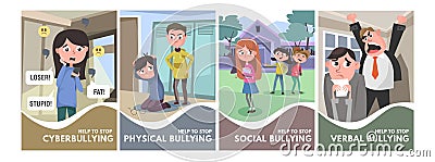 Stop bullying posters set. Bullying types concepts in cartoon style verbal, social, physical, cyberbullying. Bullying at school Vector Illustration