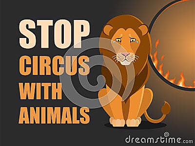 Stop circus with animals. Poster against abuse animals in circuses. Banner with text and lion near flaming hoop on black Vector Illustration