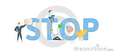 STOP. Concept with people, letters and icons. Flat vector illustration. Isolated on white background. Vector Illustration