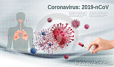 Stop Coranavirus concept. Hand holding syringe with vaccine destroying virus COVID Vector Illustration